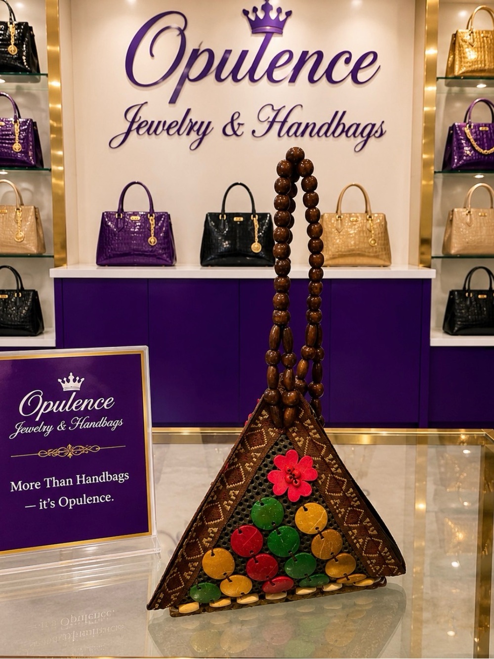 Brown Beaded Triangle Handbag with Colorful Floral Accents